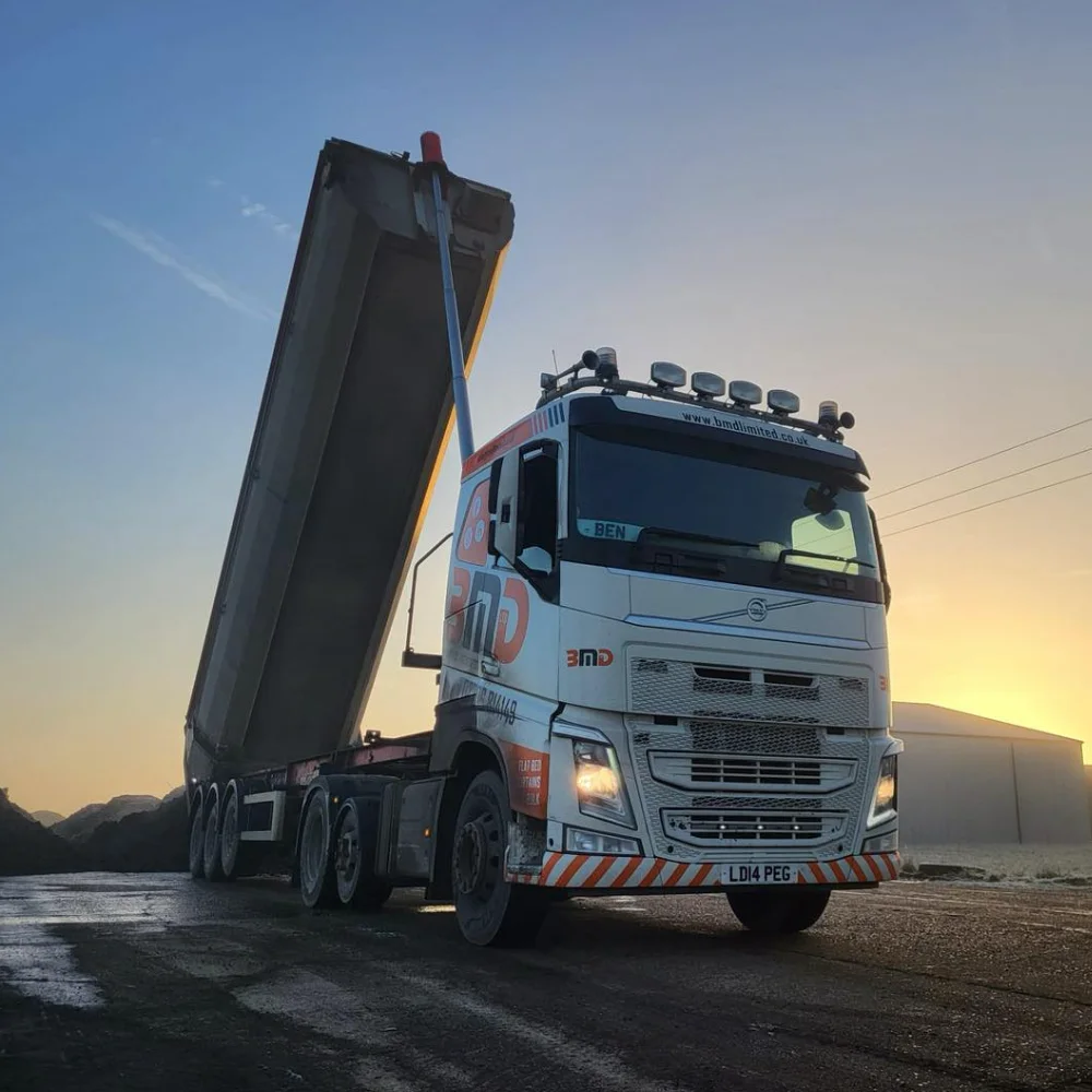 BMD Transport & Aggregates tipper lorry unloading materials at a site in Norfolk